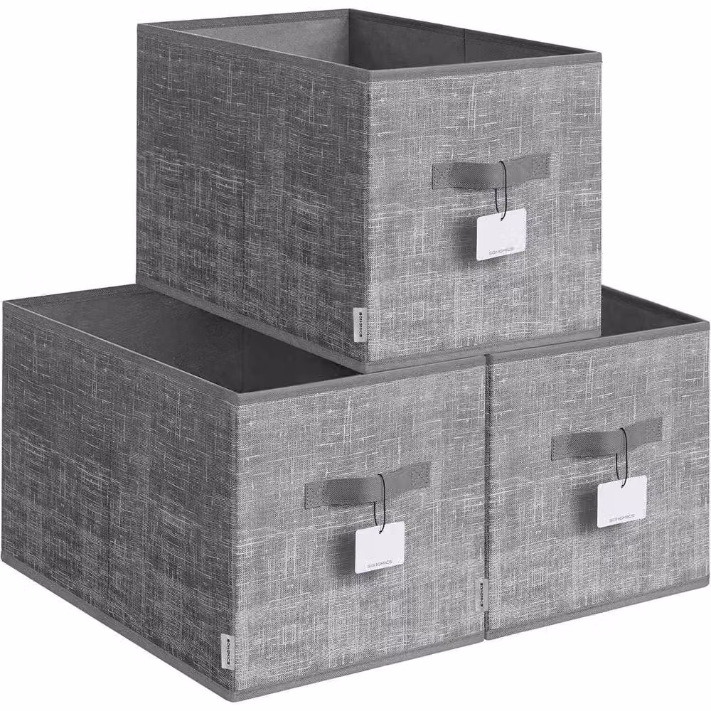 The Bazaarist Set of 3 Large Foldable Fabric Storage Baskets with Handles and Label Holders, Grey – 2