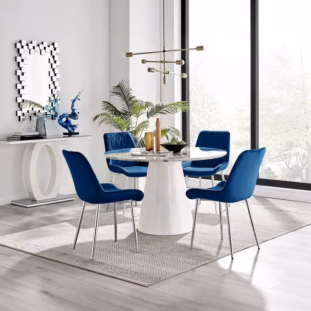 Furniturebox Palma Round White Marble Effect Dining Table and Navy Blue Velvet Pesaro Silver Leg Chairs Set