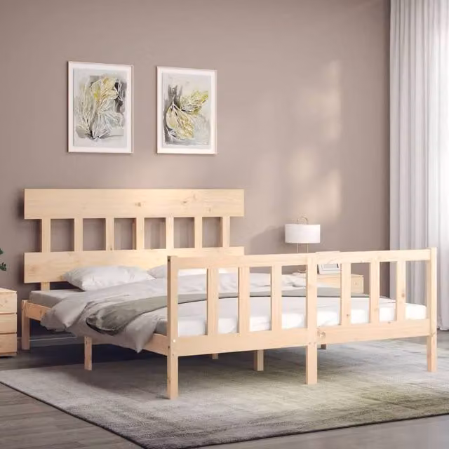 Berkfield Home Beautiful Bed Frame with Headboard in Solid Pine Wood, Beige, W: 160 cm, D: 200 cm, H: 81 cm