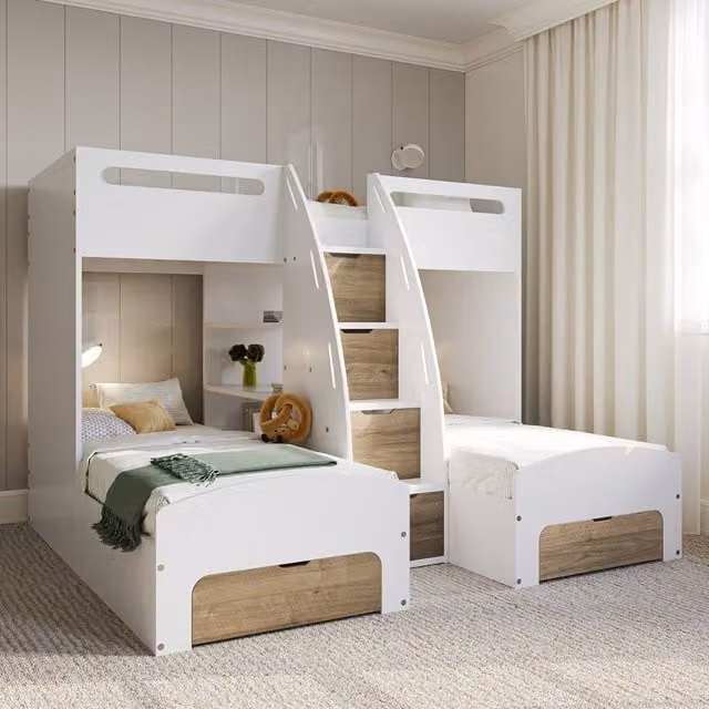 Flair Eddie Storage Triple Bunk Bed in Brown and White with Stairs and Drawers
