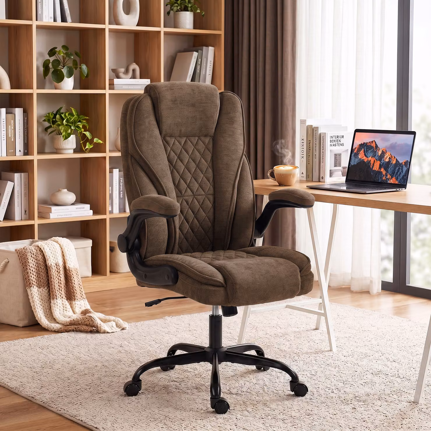 HOMCOM Ergonomic Brown Fabric Office Chair with Swivel Wheels and Adjustable Height – 2