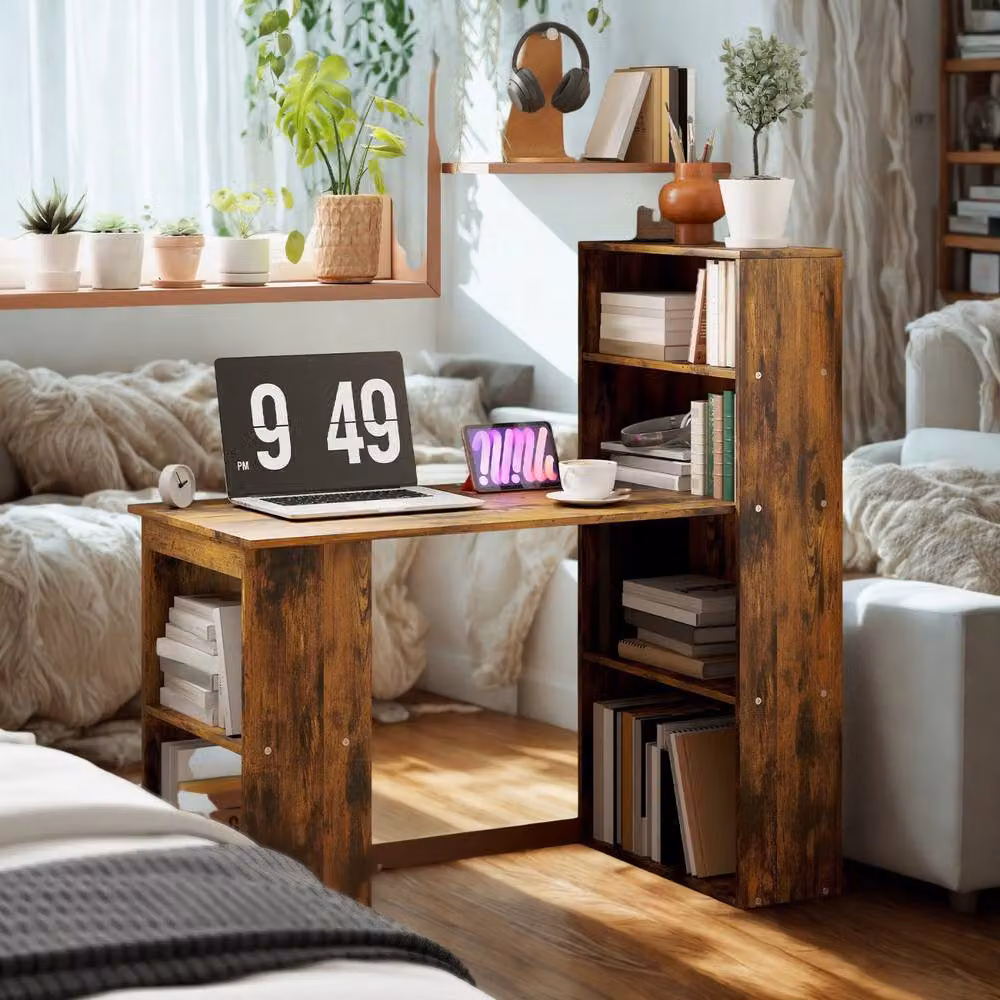 FURNOS Industrial Rustic Computer Desk with 6 Storage Shelves, Brown – 5