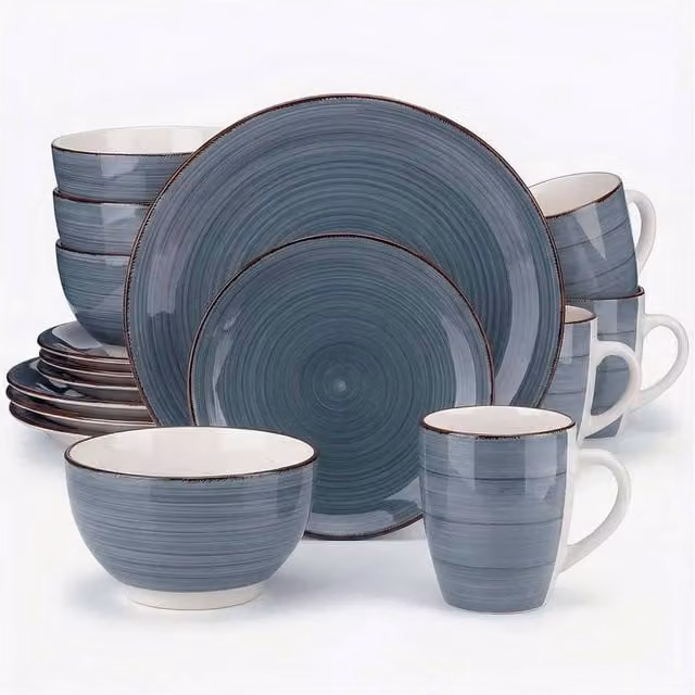 Alivio 16-Piece Porcelain Dinner Set in Blue and Grey, Microwave and Dishwasher Safe Dinnerware for 4