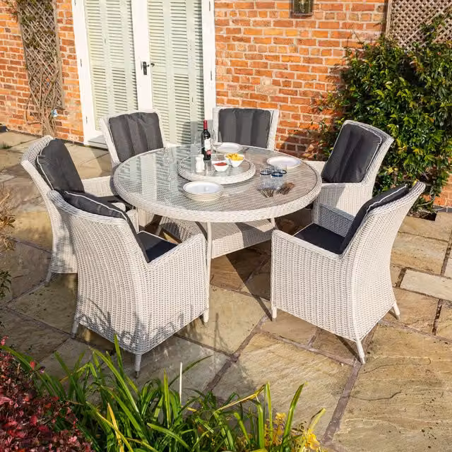 Rowlinson Prestbury 6 Seater Rattan Dining Set in Grey with Glass Top and Aluminium Frame