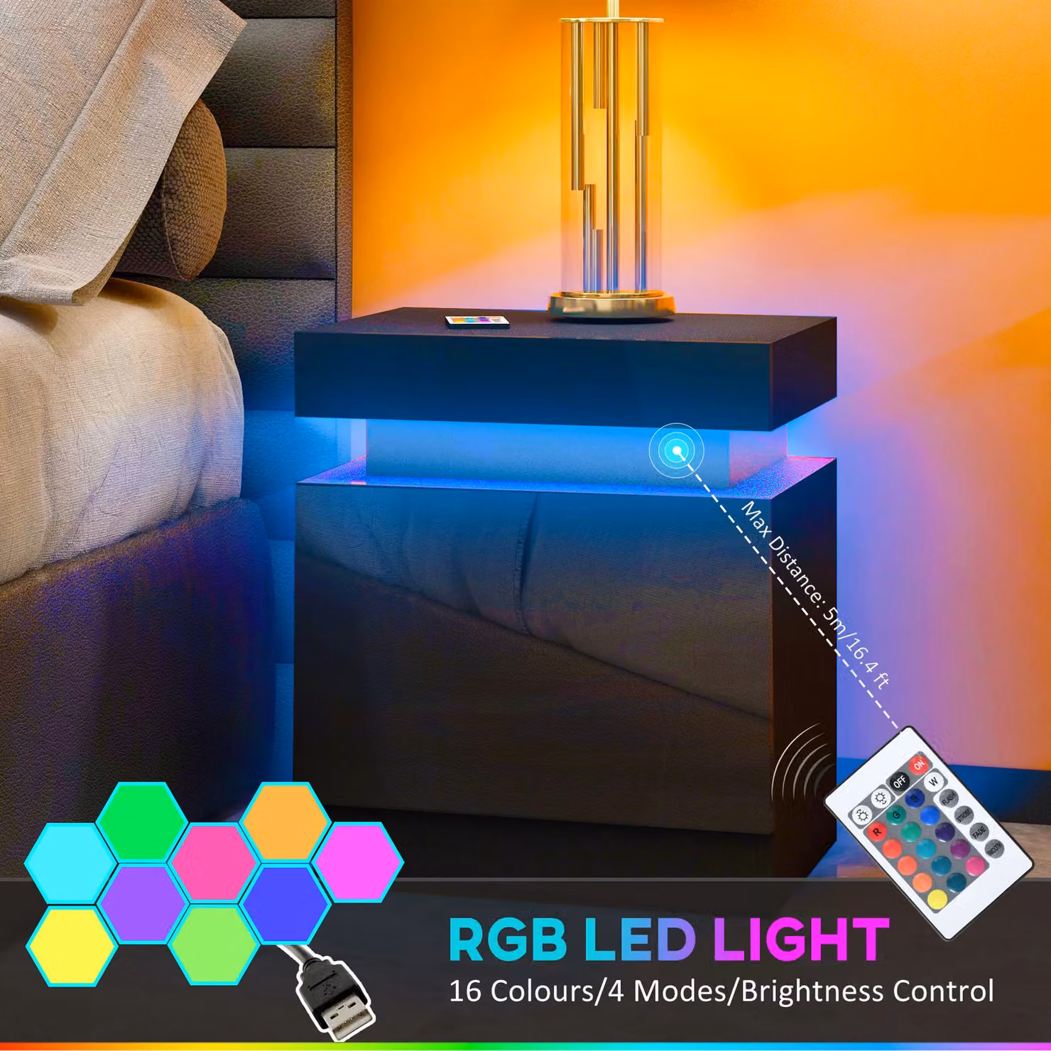 HOMCOM High Gloss Bedside Table with Integrated LED Light and 2 Drawers in Black – 4
