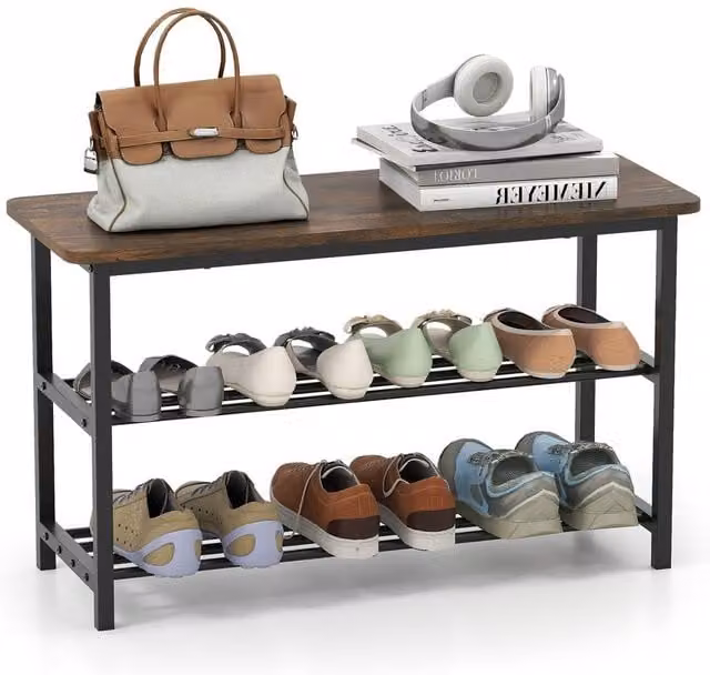 Costway 3-Tier Shoe Storage Bench and Freestanding Boot Organiser in Brown