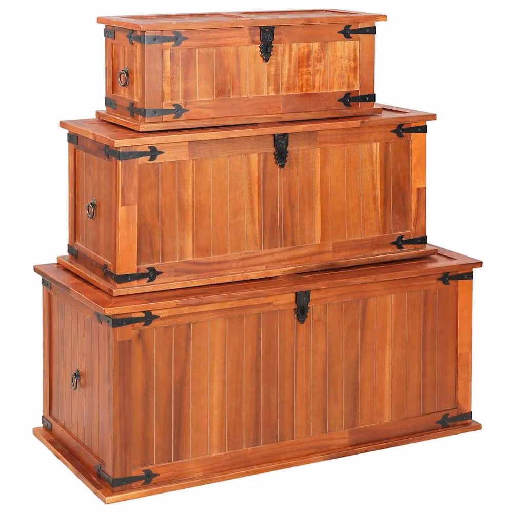 Berkfield Home Set of 3 Rustic Brown Solid Acacia Wood Storage Chests – 2