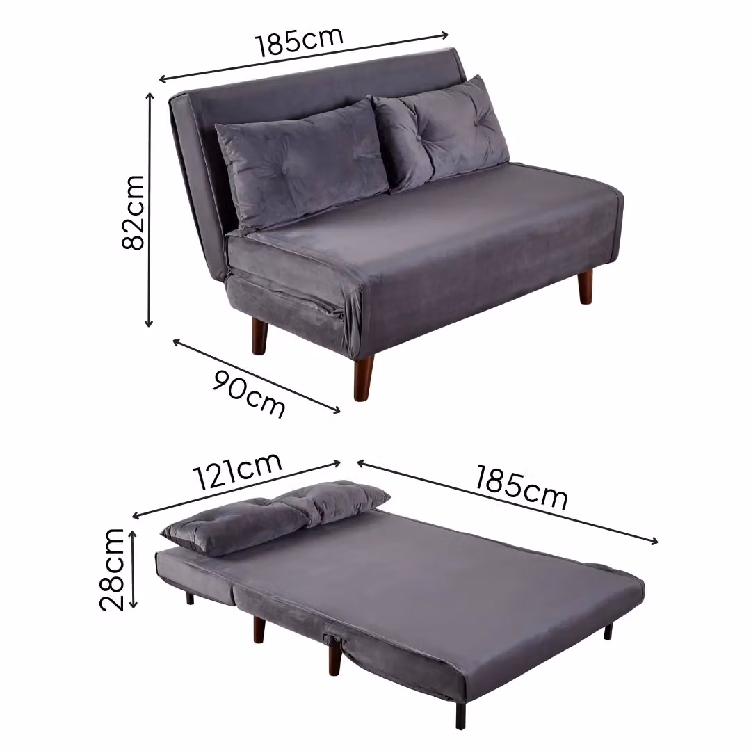 Home Source Grey Velvet Double Sofa Bed with Wooden Legs and Two Pillows – 3