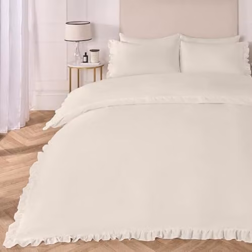 OHS Double Microfibre Duvet Cover and Pillowcase Set with Frill Edge in Beige, W/D/H: 200 x 200 cm and 50 x 75 cm