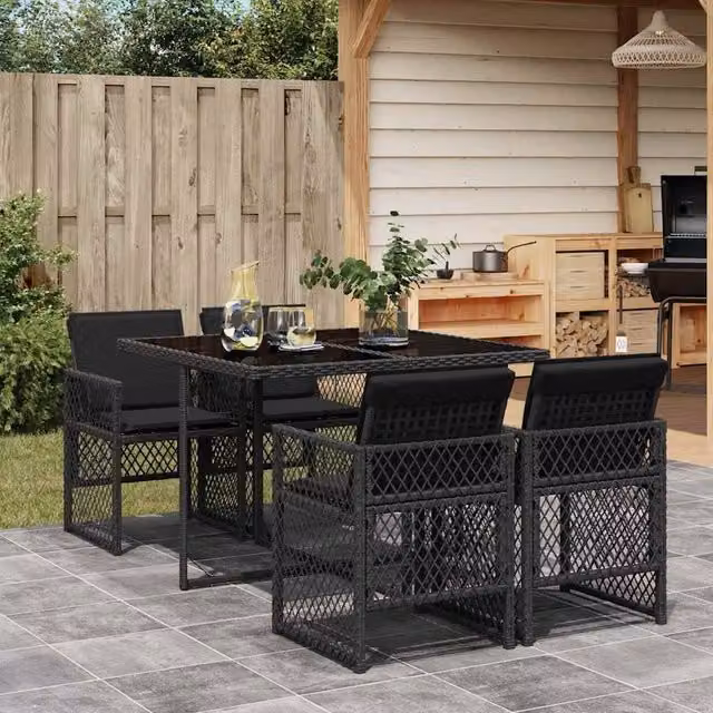 Berkfield Home 5 Piece Black Poly Rattan Garden Dining Set with Cushions – 1