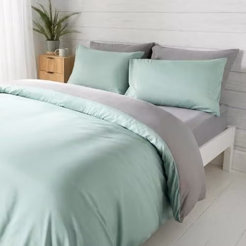 OHS Reversible Plain Microfibre Duvet Cover and Pillowcase Set, Blue, Green or Grey, W/D/H: 180 x 200 cm, Pillowcases: 50 x 75 cm
