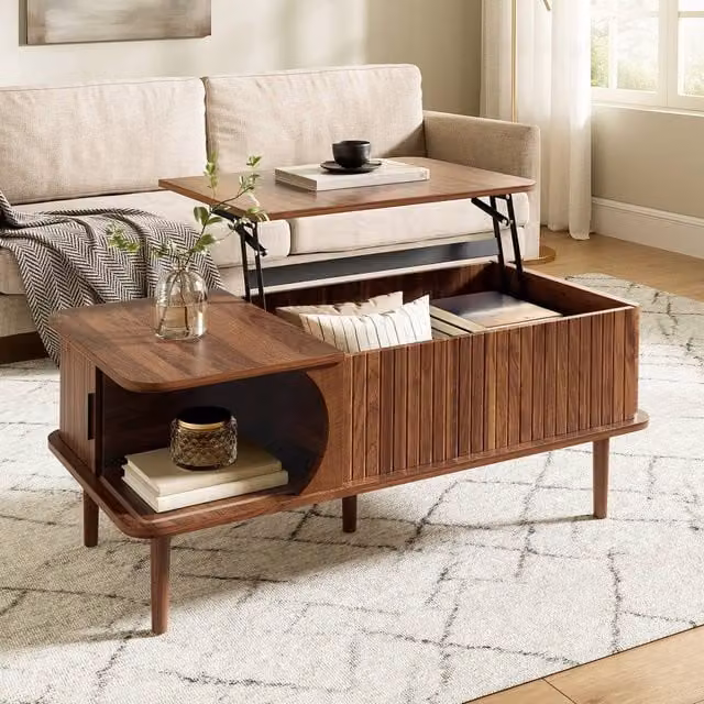 Merax Modern Lift Top Coffee Table with Sliding Door Storage in Walnut Brown, W: 100 cm, D: 60 cm, H: 48 cm – 1