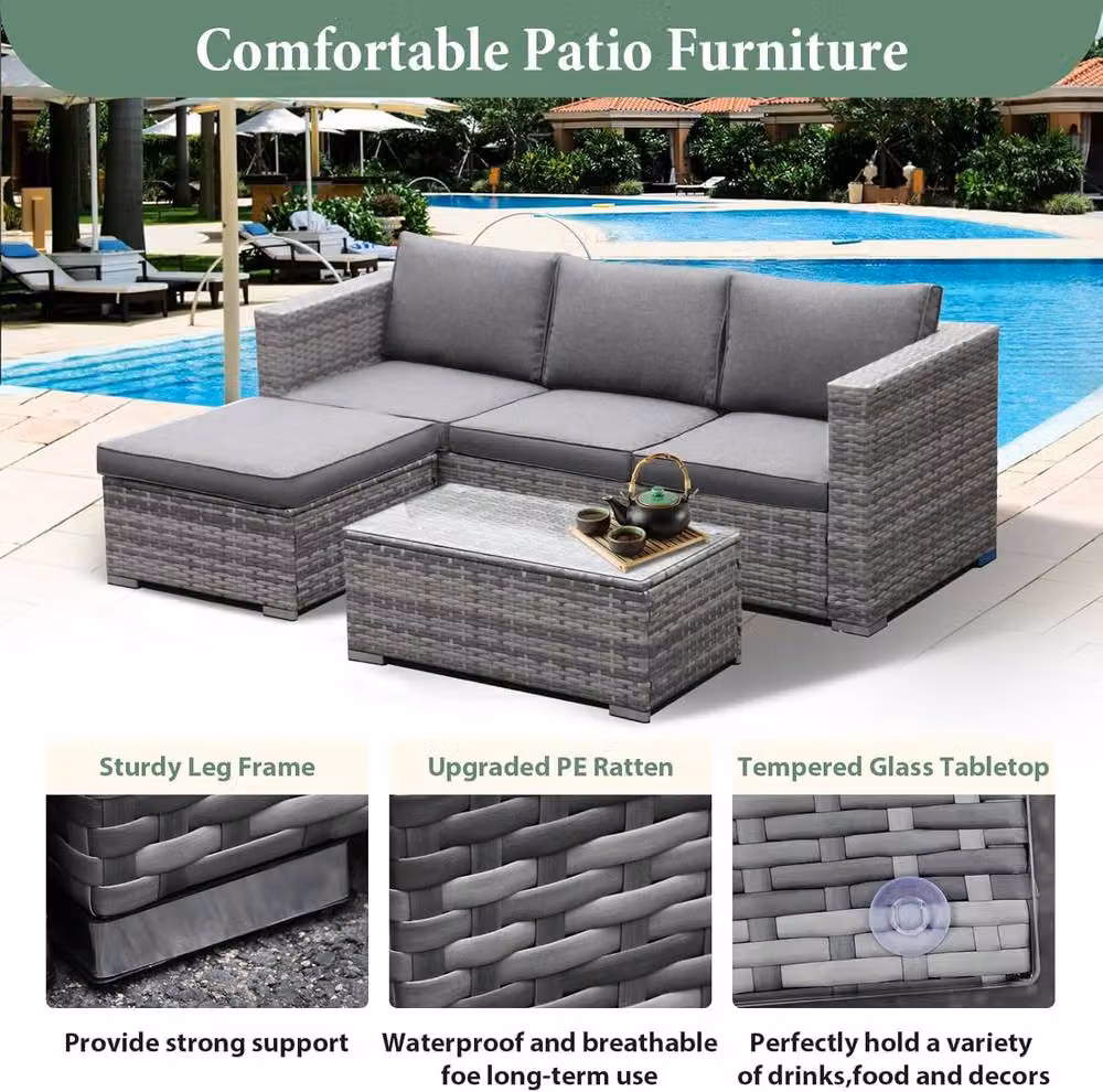 Lishetimig 3-Piece Grey Polyrattan Garden Corner Sofa Set with Upholstered Cushions and Glass Coffee Table – 4