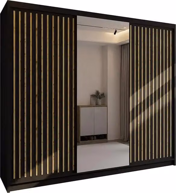 Sliding Wardrobes 4u London Modern Black Sliding Wardrobe with Mirror Door and Integrated Drawers, W: 250 cm, H: 203 cm