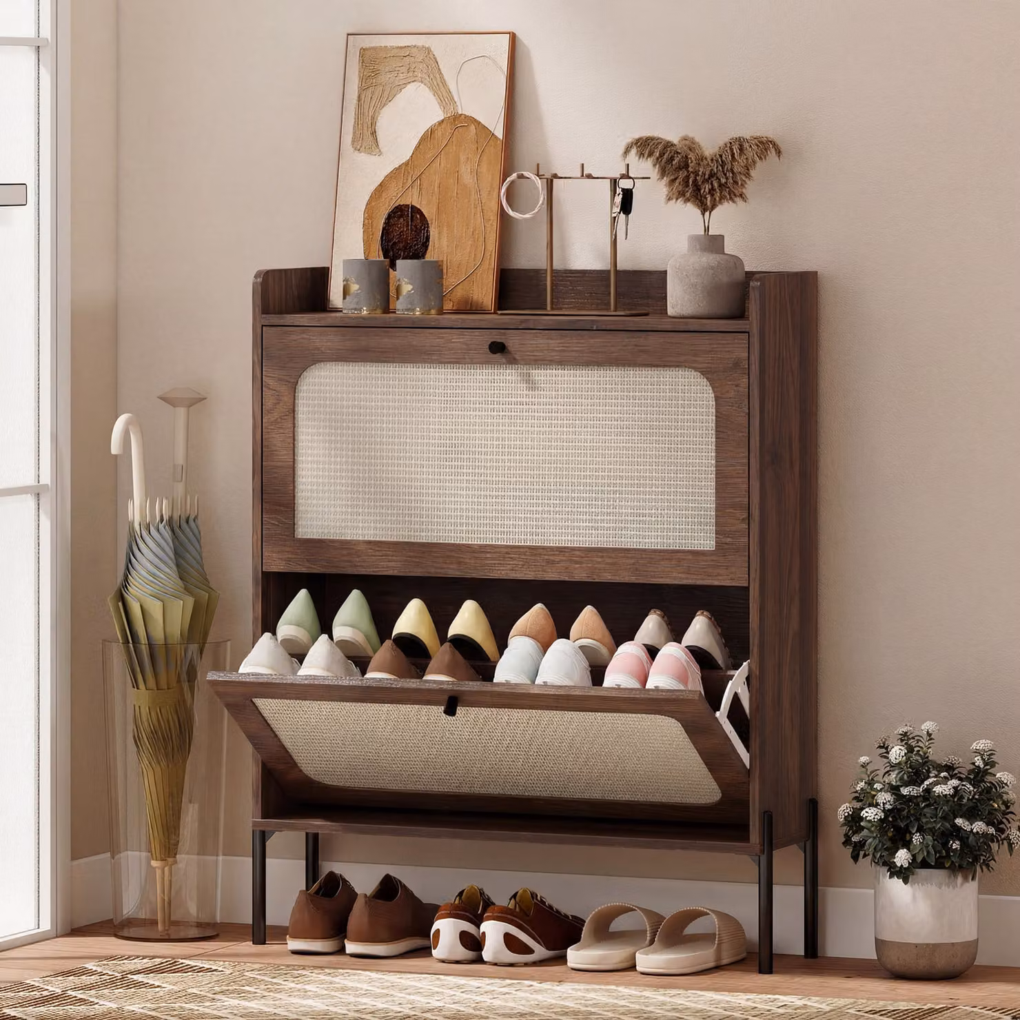 HOMCOM Boho Narrow Shoe Storage Cabinet with 2 Rattan Flip Drawers, Brown – 2