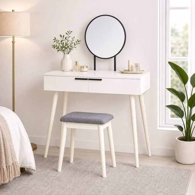 STILVORA White Modern Dressing Table with Mirror and 2 Drawers, W/D/H: 123 x 40 x 80 cm – 1