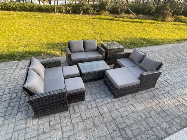 Fimous 8-Piece Polyrattan Garden Furniture Set in Dark Grey with 2-Seater Sofa, Coffee Table and 3 Footstools