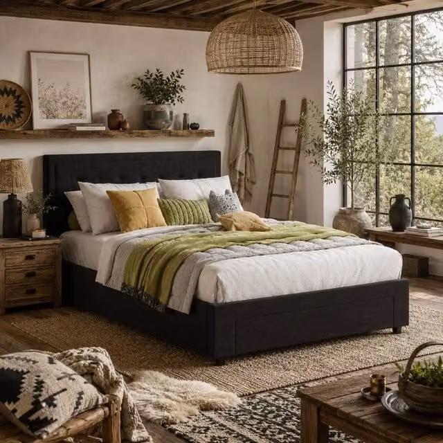 Wyld Haus Mora 4FT6 Double Ottoman Bed Frame in Black Velvet with Lift Up Base Storage