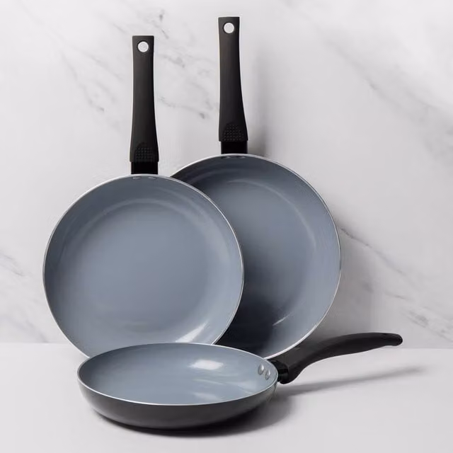 MasterClass Set of 3 Non-Stick Black Aluminium and Ceramic Frying Pans