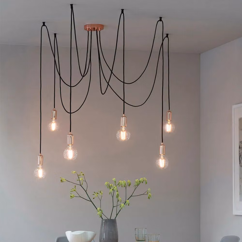 Loops Industrial 6-Bulb Multi Light Ceiling Pendant in Gloss Copper and Black with Adjustable Height and Dimmable Functionality – 2