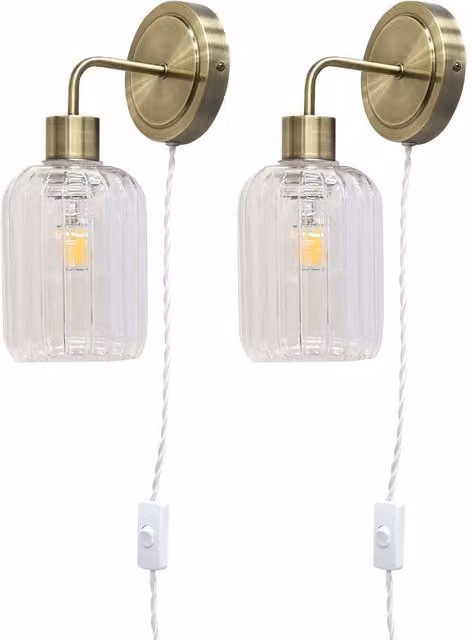 First Choice Lighting Toby Set of 2 Antique Brass Plug in Wall Lights with Transparent Glass Shades