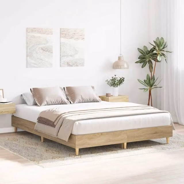 Berkfield Home Sonoma Oak Bed Frame in Beige, W/D/H: 140 x 200 x 25 cm