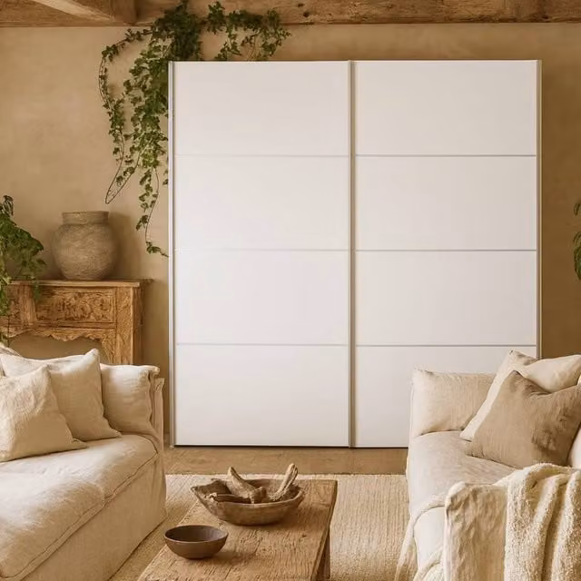 Wyld Haus Bordeaux White Double Sliding Door Wardrobe with Internal Shelves and Hanging Rod, W: 180 cm – 1
