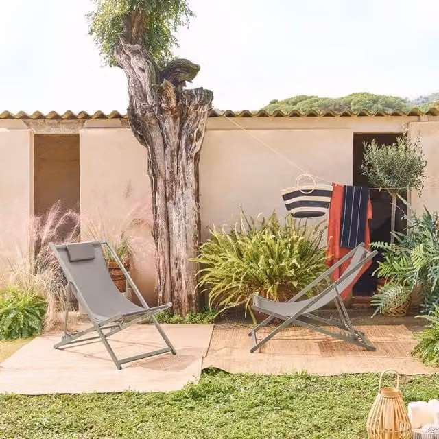 sweeek Set of 2 Multi-position Folding Steel Deck Chairs with Cushions in Khaki