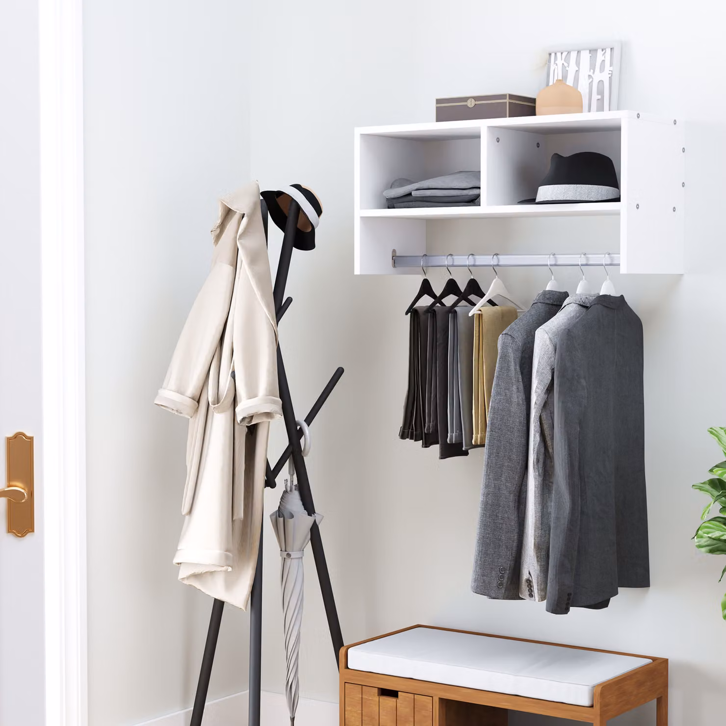 HOMCOM Wall Mounted Coat Hanger and Storage Shelf Rack in White – 2