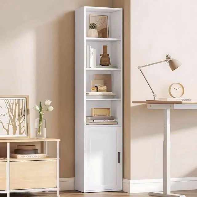 The Bazaarist 6 Tier Storage Bookcase with Door and Adjustable Shelves, Cloud White