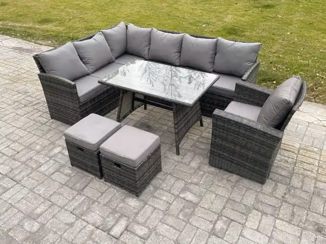 Fimous Wicker Rattan Garden Furniture Corner Sofa Set with Oblong Dining Table and 2 Small Footstools in Dark Grey