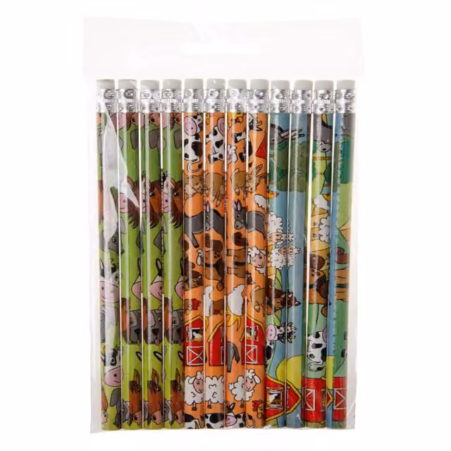 LG-Imports Pack of 12 Multicolour Wood Farm Animals Design Graphite Pencils with Eraser and White Details