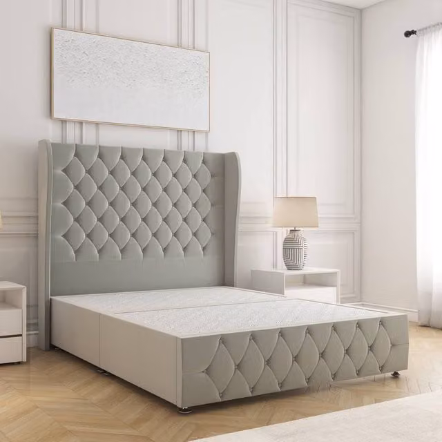 BSSPOKE Faye Double Divan Bed with 54 inch Plush Velvet Headboard in Silver