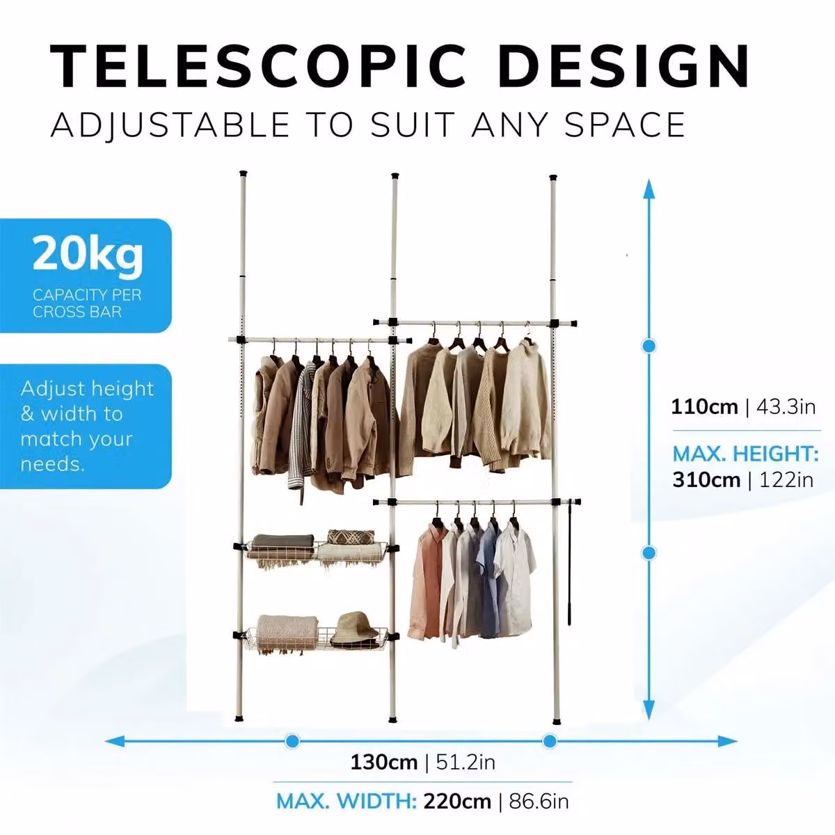House of Home Telescopic Double Wardrobe Organiser with White Rail and Baskets, W: 120 cm, H: 38 cm, D: 38 cm – 2