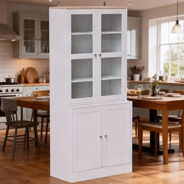 ERGOVEXA Modern Double Storage Display Cabinet in White with Glass Doors and Adjustable Shelves – 1