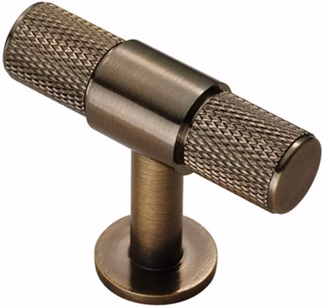 Loops Knurled T Shape Cupboard Pull Handle in Brushed Antique Brass, W/D/H: 5.0 x 13.0 x 13.0 cm – 1