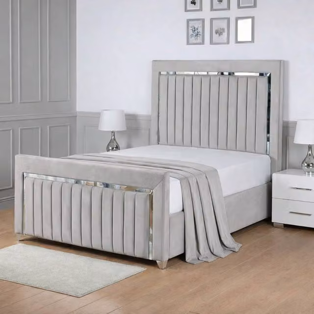 Living Comfort Bedz Chrome Edge Upholstered Slatted Base Bed with 48 Inch Headboard in Silver, Size: King, W/D/H: 180 x 200 cm