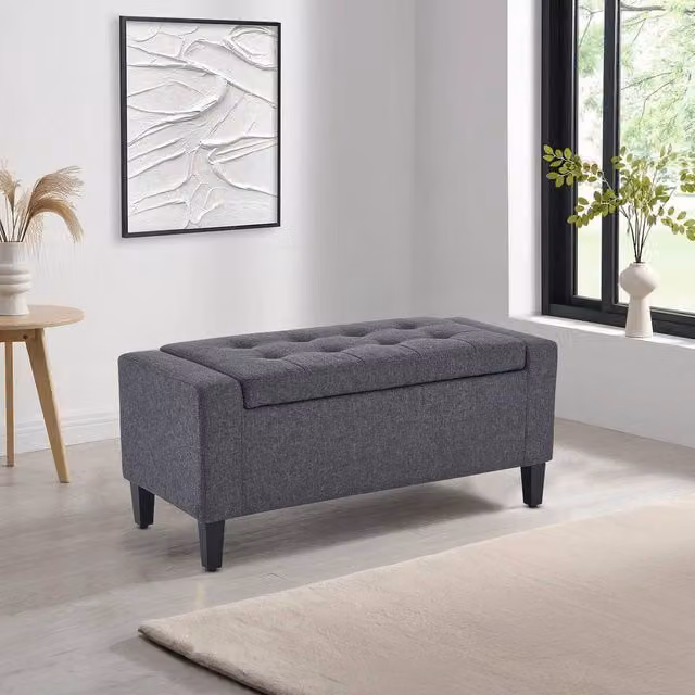 Home Republic Linen Upholstered Ottoman Storage Bench in Grey