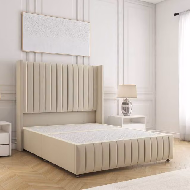 BSSPOKE Luna Plush Velvet Divan Bed with 54 inch Headboard in Cream, Super King, W/D/H: 200 x 160 x 137 cm
