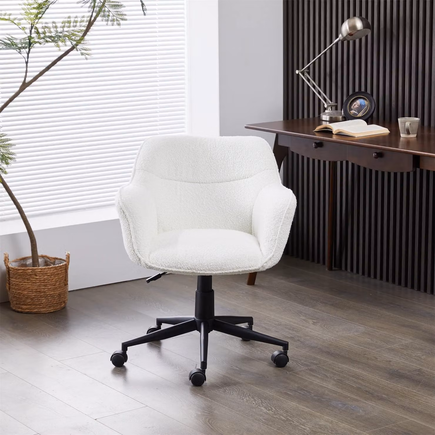 FURNITURE ONE White Corduroy Fabric Upholstered Swivel Office Chair, Height Adjustable Task Chair – 1
