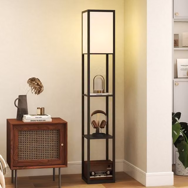 HOMCOM 4 Tier Floor Lamp with Storage Shelf in Black