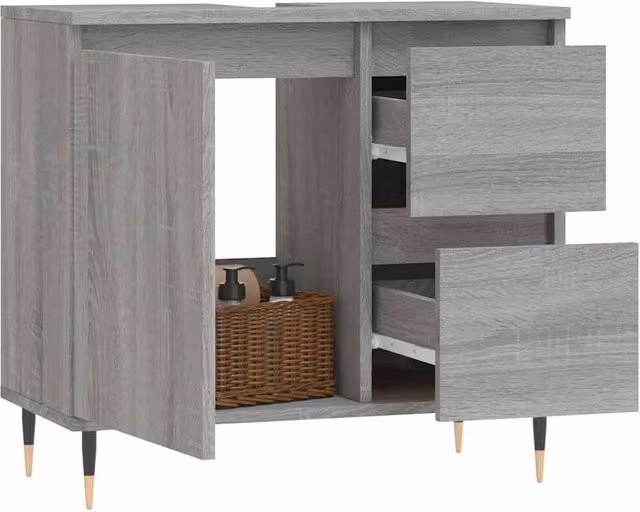 Berkfield Home Grey Sonoma Freestanding Bathroom Cabinet with Hinged Doors and Internal Drawers W/D/H: 65 x 33 x 60 cm – 1