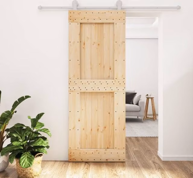 Berkfield Home Rustic Sliding Door with Hardware Set, Solid Brown Pine Wood, W: 80 cm, H: 210 cm