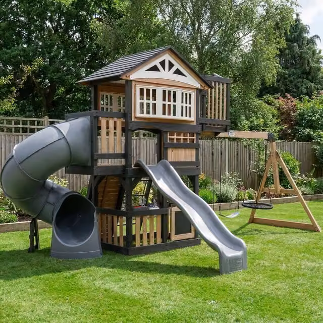 Backyard Discovery Magnolia Falls Cedar Wood Climbing Frame with Slide and Swing in Black