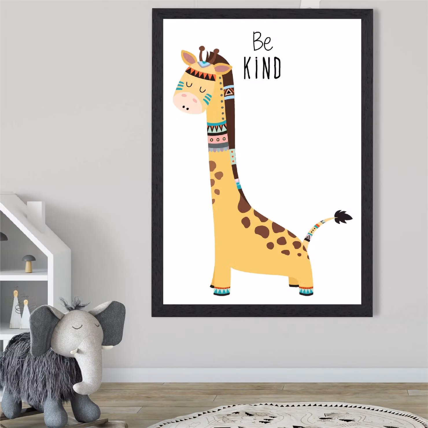ARTZE Be Kind Giraffe Tribal Animal Quote Framed Print, Yellow and Black, A3 – 2