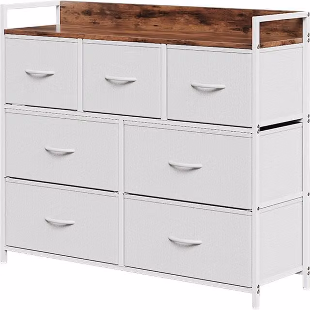 Livingandhome 7-Drawer Metal Frame Storage Cabinet Sideboard in Retro Woodgrain and White