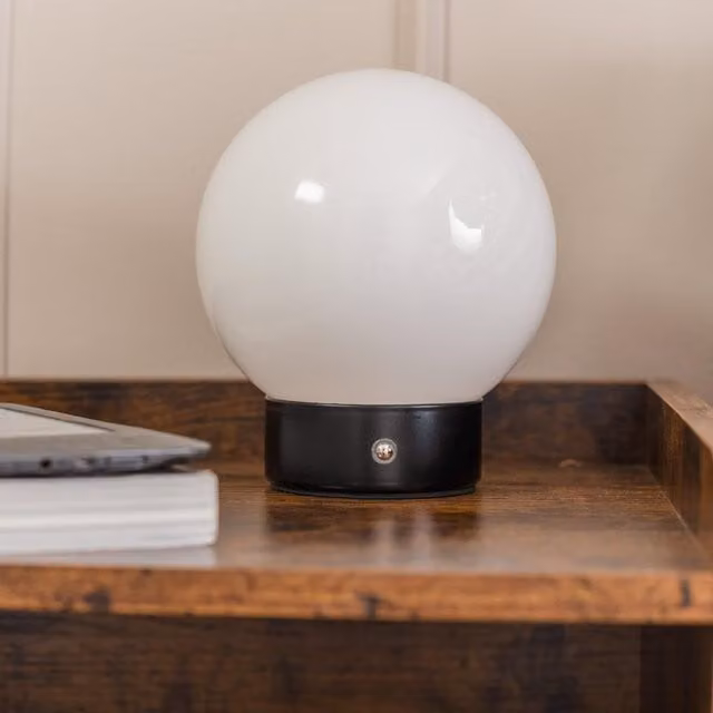ValueLights Atlas Rechargeable LED Portable Dimmable Touch Table Lamp with White Glass Sphere Shade