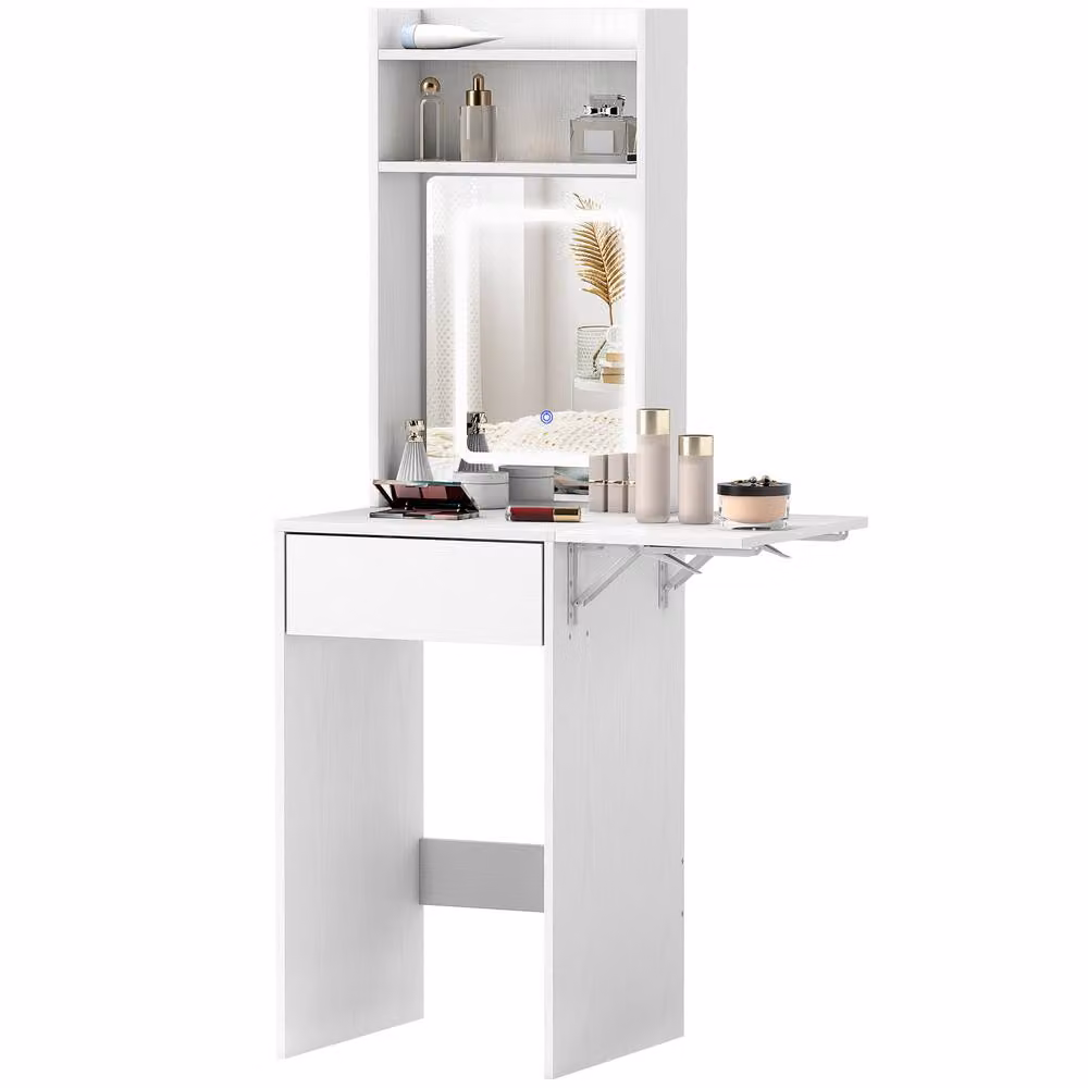 STILVORA White Modern Dressing Table with LED Mirror, Drop Leaf and Drawer – 2