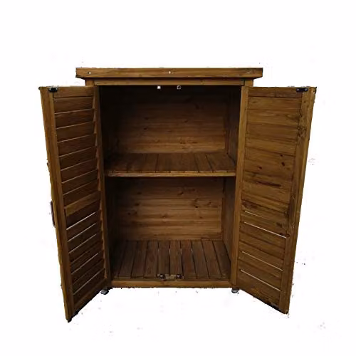 HYGRAD All Weather Wooden Outdoor Garden Storage Cabinet with Hinged Roof and Internal Shelves, Brown/Beige, W/D/H: 69 x 43 x 96 cm – 3