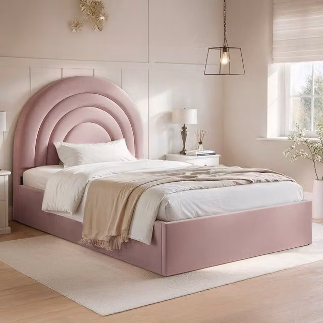 Flair Ava Ottoman Bed in Pink with Upholstered Bouclé and Velvet Finish, W/D/H: 120 x 200 cm
